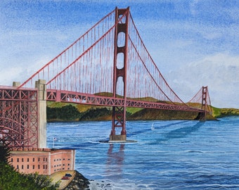 Impresión en acuarela tamaño A4 del puente Golden Gate de San Francisco