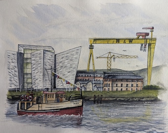 Belfast Docks, Titanic Quarter, Samson & Goliath. A4 print watercolour print