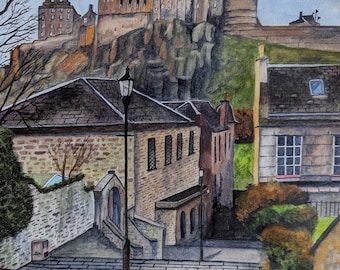 Edinburgh Castle from The Vennel. A4 watercolour print