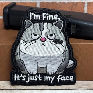 May include: An embroidered patch featuring a grumpy grey and white cat with a pink nose. The text above the cat reads "I'm Fine." and the text below reads "It's just my face." The patch has a thick black border and detailed stitching throughout.