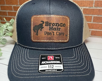 Bronco Hair Don’t Care Hat - Richardson 112 Bronco Hat - Bronco Custom Leatherette Patch Hat - Racing Hat Navy/Khaki