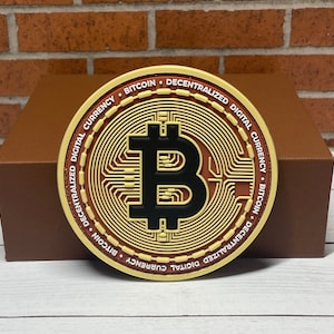 May include: A round, brown and yellow patch with a black Bitcoin symbol in the center. The patch has the text "Decentralized Digital Currency Bitcoin" around the edge.
