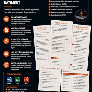 May include: A digital information graphic titled BIEN FACTURÉ detailing a construction debt recovery kit. It features text lists, icons, and four document templates for payment reminders, formal notices, and legal payment injunction guides.
