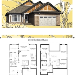 May include: A black and white floor plan of a house called "The Berkshire" by David Randolph Studio. The floor plan shows the main floor and basement with room dimensions and names. The main floor has a master bedroom, den, great room, kitchen, dining room, and optional deck. The basement has a family room, games room, media room, and three bedrooms.