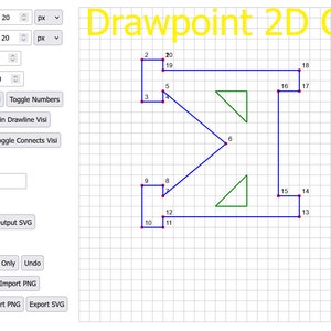 Könnte beinhalten: Ein Computerbildschirm zeigt ein 2D-CAD-Programm mit einem Raster, blauen Linien und grünen Dreiecken. Das Programm heißt "Drawpoint 2D CAD".