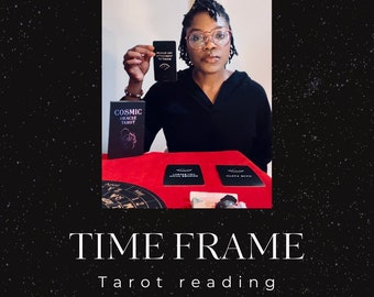 May include: A Cosmic Oracle Tarot deck featuring black cards with white text, including a box labelled Cosmic Oracle Tarot and individual cards with phrases like Release Any Attachment To Money To Grow, Sooner Than You Expect, and Have Faith, on a red surface.