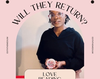 Puede incluir: Gráfico rosa y blanco con el texto "WILL THEY RETURN?" y "LOVE READING" con "4 CARD SPREAD". La imagen presenta a una persona sosteniendo un pequeño objeto redondo con un diseño floral.