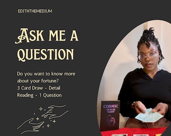 May include: Image features a woman with glasses holding tarot cards. Text on the left says "Ask Me A Question" and "Do you want to know more about your fortune?" A "Cosmic Oracle Tarot" deck is visible. The scene is set on a red surface.