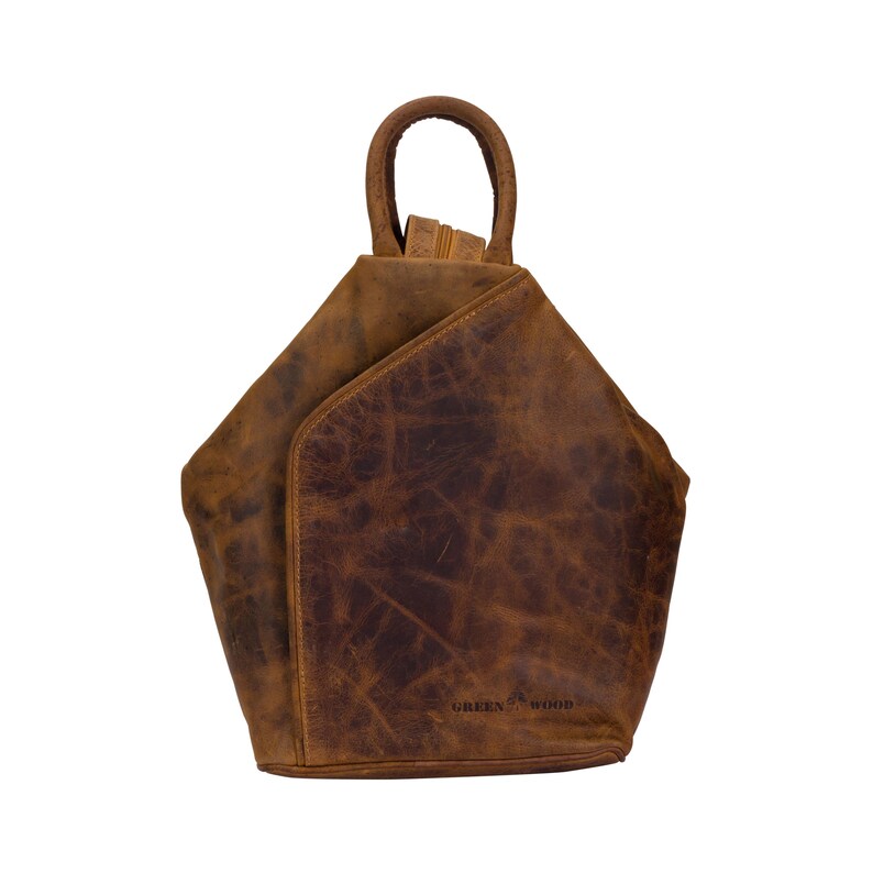 May include: A brown leather backpack with a triangular shape and a top handle. The backpack has a distressed look and the brand name "GREEN WOOD" is embossed on the bottom.