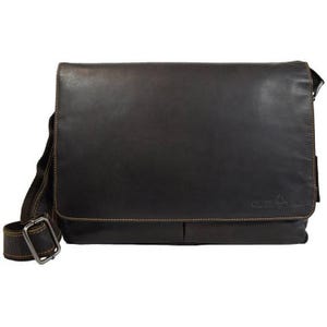 May include: A dark brown leather messenger bag with a flap closure. The bag has a shoulder strap with a metal buckle and features visible stitching. The brand name "Green Field" is subtly embossed on the front.