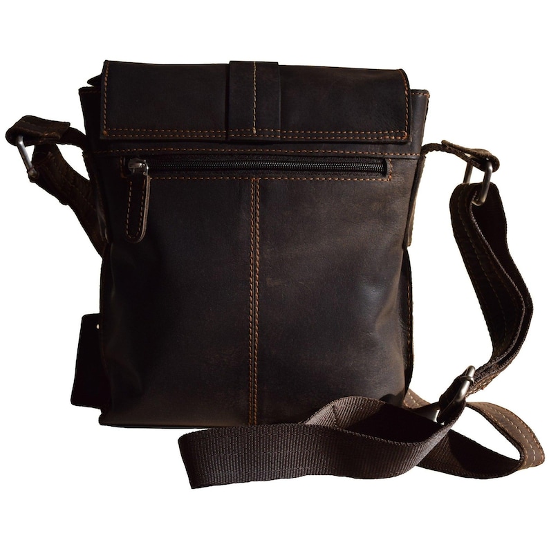 May include: A brown leather messenger bag with a flap closure and an adjustable shoulder strap. The bag has a zippered pocket on the front and a small pocket on the back.