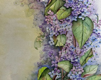 May include: Watercolor painting of a branch of purple and blue flowers with green leaves. The flowers are clustered together and the leaves are arranged around them. The background is a light yellow color.