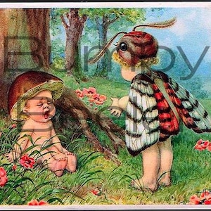 Tête de bébé champignon drôle victorien des années 1900 Carte postale en téléchargement numérique Collage Junk Journal