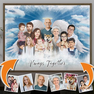 Aggiungi ali d'angelo alla pittura commemorativa personalizzata per la perdita di una persona cara, regalo personalizzato per ritratto di famiglia, combina immagini, unisci foto di famiglia