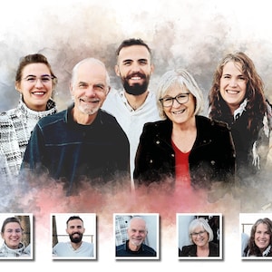 Ritratto di famiglia personalizzato con acquerello sentimentale, composto da più foto, dipinto commemorativo in ricordo della persona cara, regalo di Natale per i genitori.