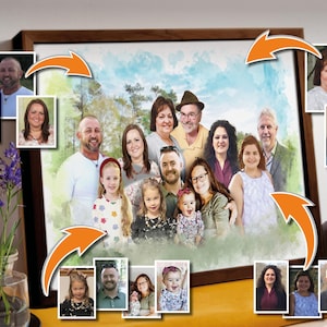 Regalo personalizzato con dipinto commemorativo, stampa personalizzata del ritratto di famiglia, aggiungi la persona cara defunta alla foto, bambini e nonni combinati