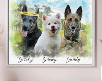 May include: A framed watercolor-style portrait featuring three dogs: a black and gray dog with a halo, a white dog, and a brown dog. The dogs are named "Smoky", "Snowy", and "Sandy" in cursive script below them.