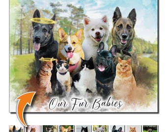 Custom Pet Portrait Canvas Print Dog Cat Memorial, Personalized Pet Loss Gift