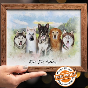 Ritratto commemorativo personalizzato di un cane da foto, dipinto personalizzato per animali domestici, combinazione di foto di cani, arte personalizzata per cani, arte unica per animali domestici, illustrazione di cani