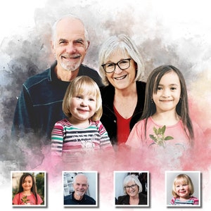 Ritratto di famiglia personalizzato ad acquerello, unione di più foto, regalo di Natale personalizzato, aggiunta della perdita di una persona cara al ritratto del defunto