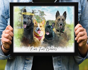May include: A framed watercolor print featuring four dogs with their tongues out. The dogs are a mix of breeds, including a German Shepherd with a halo, a Corgi, a French Bulldog, and a Belgian Malinois. The text "Our Fur Babies" is at the bottom.