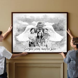 Dipinto commemorativo personalizzato in bianco e nero con acquerello, ritratto della nonna con ali d'angelo personalizzate da foto, aggiungi il nome della persona cara defunta all'immagine