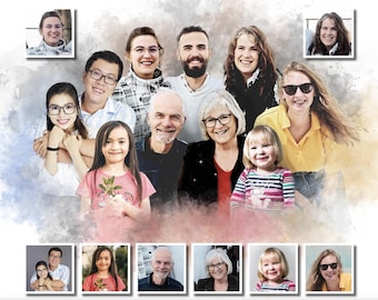 Regalo de cumpleaños para abuela, retrato familiar personalizado en acuarela, regalo conmemorativo personalizado para abuela