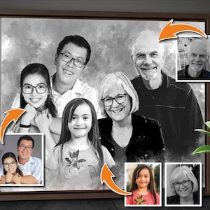 Regalo di Natale personalizzato per la famiglia, ritratto commemorativo in bianco e nero per i nonni, disegno a carboncino personalizzato, regalo commemorativo con foto combinate