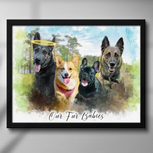 Może przedstawiać: Oprawiony portret w stylu akwareli przedstawiający cztery psy różnych ras. Zawiera owczarka niemieckiego z aureolą, corgi, buldoga francuskiego i owczarka belgijskiego malinois. Tekst "Our Fur Babies" jest napisany na dole.