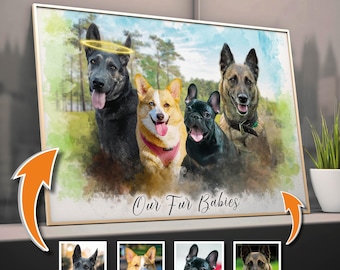 May include: A framed watercolor-style portrait featuring four dogs with happy expressions. One dog has a halo. The phrase "Our Fur Babies" is written below the dogs. The background shows a green field and trees.