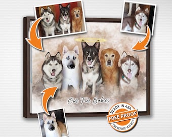 May include: A framed canvas print featuring a watercolor painting of five dogs. The dogs are a husky, a golden retriever, a black and white dog, a white dog, and another husky. The text "Our Fur Babies" is written below the dogs. The canvas is surrounded by a brown wooden frame. A red and white circle with the text "Ready in 48h Free Proof Try Before You Buy" is in the bottom right corner.