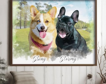Puede incluir: Retrato en acuarela enmarcado con dos perros. Un Corgi con arnés rosa y un Bulldog Francés negro se representan sobre un fondo borroso verde y azul. Los nombres "Shiny" y "Stormy" están escritos debajo.