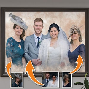 Ritratto di matrimonio personalizzato ad acquerello da diverse foto, schizzo di famiglia combinato personalizzato su tela, regalo premuroso per gli sposi novelli