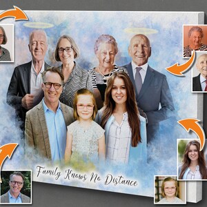 Regali personalizzati per la festa della mamma: ritratto di famiglia unendo più foto su Canva, regalo personalizzato per la nonna, opera d'arte commemorativa per i cari defunti.