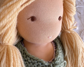 Waldorf doll natural fibre non toxic doll for children long blonde hair brown eye doll