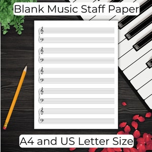 Music Manuscript Paper, Printable Blank Sheets, Piano Grand Staff Template, Teacher Resource, US Letter and A4 PDF Sizes, Instant Download