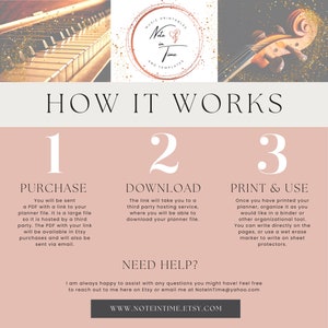 May include: A pink and white graphic with the text "HOW IT WORKS" in black. There are three steps outlined: 1. Purchase, 2. Download, and 3. Print & Use. Each step has a description of the process. The graphic also includes the text "NEED HELP?" and a website address: WWW.NOTEINTIME.ETSY.COM