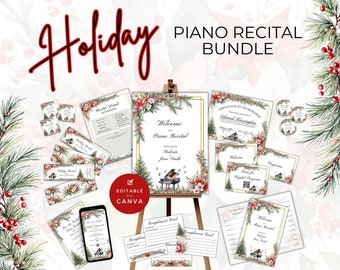 Piano Recital Bundle for Christmas, Winter Event Planning Templates, Invitation, Checklist, Poster Signs, Tickets, Program, Certificate NT11