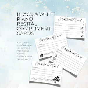 Compliment Cards for Music Recitals, Simple Modern B&W, Printable Piano Teacher Resource, Encourage Positivity, Instant Download PDF NT01P