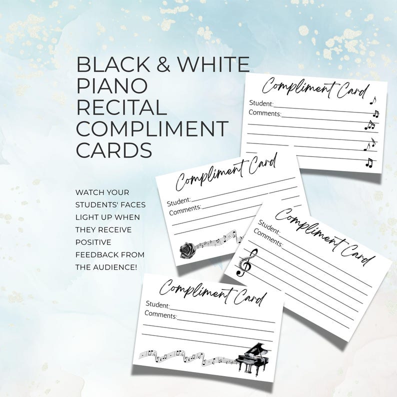 Record Compliments Compliment Cards for Music Recitals, Simple Modern B&W, Printable Piano ...