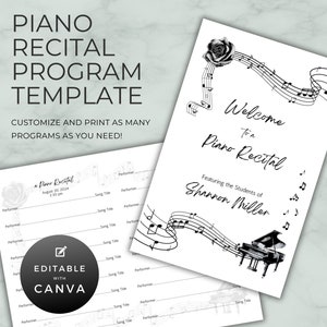 Programmasjabloon pianorecital, eenvoudig modern zwart-wit voor optreden of evenement, dubbelzijdige opvouwbare kaart digitale canva download NT01P