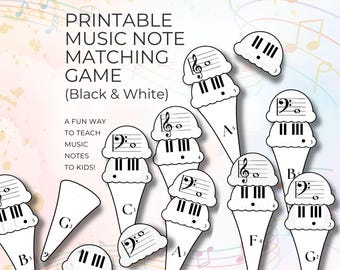 Jogo de Correspondência de Notas Musicais, Casquinhas de Sorvete Empilháveis, Versão em Preto e Branco para Impressão, PDF Imprimível para Professores de Música, Clave de Sol, Clave de Fá e Piano