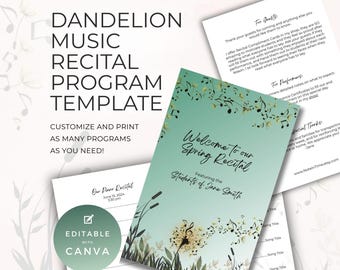 Modelo de programa para recital de piano, tema Sálvia da Primavera, recurso para professor de música, para apresentações ou eventos, cartão dobrável frente e verso, Canva NT03G