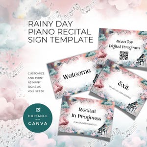 Mini carteles para recitales de piano, letreros para puertas y mesas con temática de días lluviosos, letreros de bienvenida y salida, plantilla editable de Canva para eventos musicales de primavera NT04