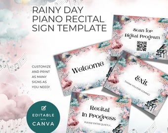 Mini pôsteres para recital de piano, sinalização de porta e mesa com tema de dia chuvoso, placas de boas-vindas e saída, modelo editável do Canva para eventos musicais de primavera NT04