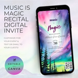 Può includere: Un invito digitale per un recital di canto con uno sfondo ad acquerello di un cielo notturno stellato e una foresta. Il testo recita "Music is Magic" e "Allison's Voice Recital". La data è il 30 settembre alle 14:00. La sede è The Music Store, 1234 State Street a Springfield. L'ingresso è di $5. Acquista online o alla porta.