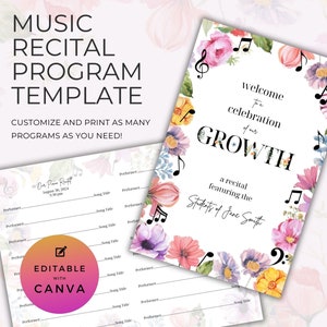 Modello di programma per recital musicale, celebrazione della crescita, tema dei fiori selvatici, performance al pianoforte, biglietto pieghevole fronte/retro Canva Download digitale NT07