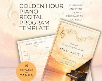 Piano Recital Program, Golden Hour Sunset Theme, Double Sided Folding Card, Canva Template, Senior Retirement, Music Teacher Resource NT15