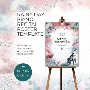 Spring Piano Recital Poster, Door or Easel Signage to Guide Audience, Moody Soft Clouds, Rainy Day, Editable Template for Music Events NT04