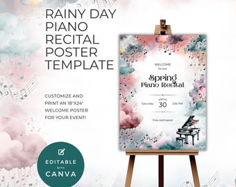 Cartaz para Recital de Piano na Primavera, Sinalização para Porta ou Cavalete para Orientar o Público, Nuvens Suaves e Melancólicas, Dia Chuvoso, Modelo Editável para Eventos Musicais NT04